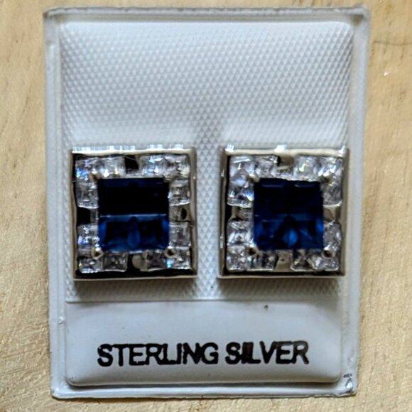 🆕.925 STERLING SILVER WHITE & BLUE SAPPHIRE SQUARE PRINCE CUT STUD EARRINGS - Picture 1 of 1
